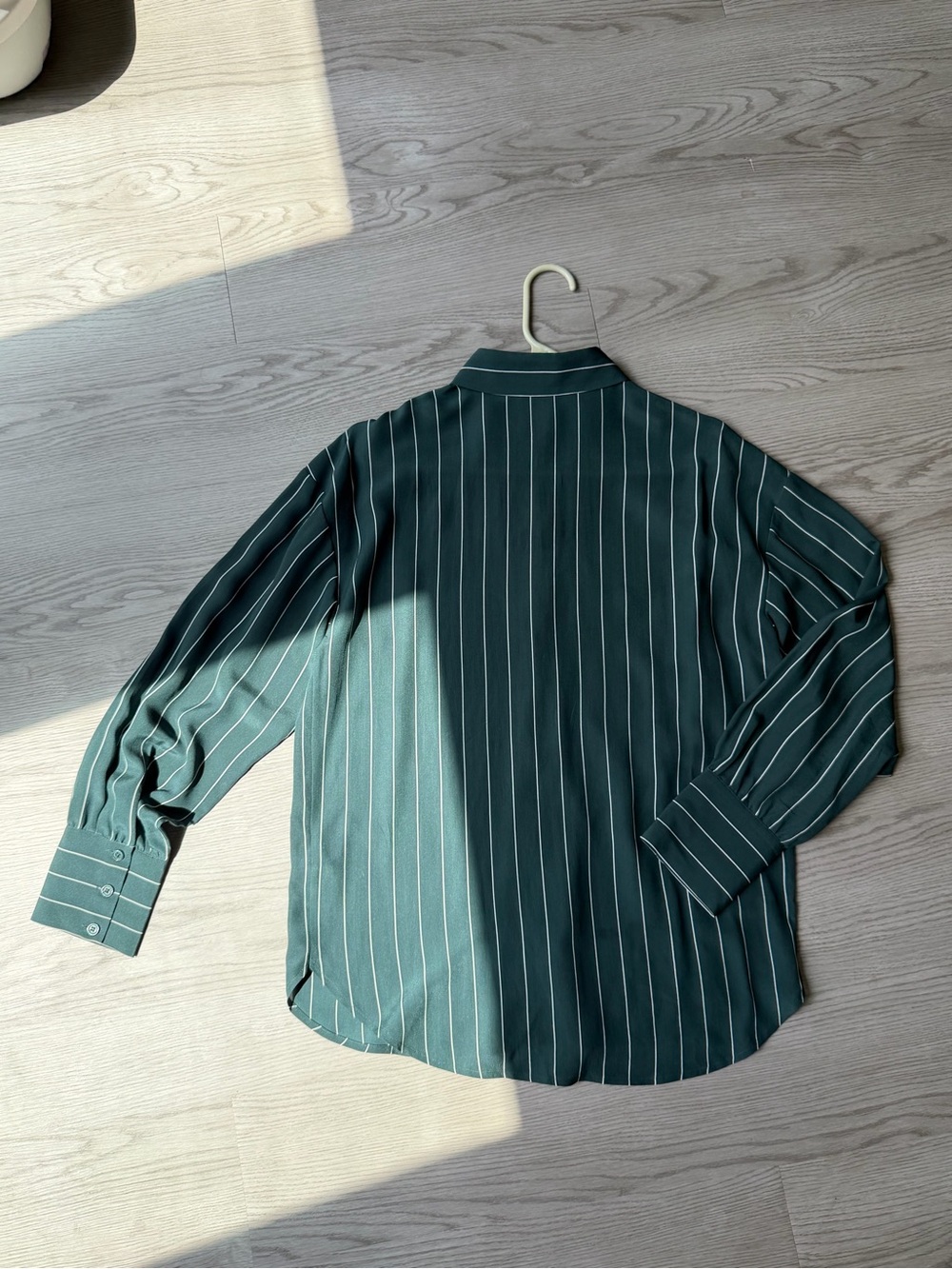 & Other Stories Dark Green Vertical-Stripe Button-Down Silk Shirt - Picture 2 of 8